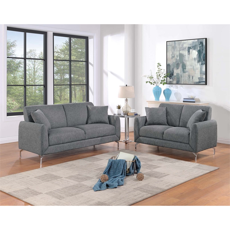 Poundex Burlap-Like Fabric Upholstered 2-Piece Sofa and Loveseat Set Dark Gray