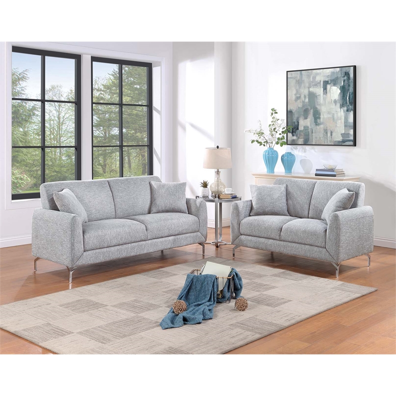 Poundex 2-Piece Burlap-Like-Fabric Sofa & Loveseat Set in Light Gray