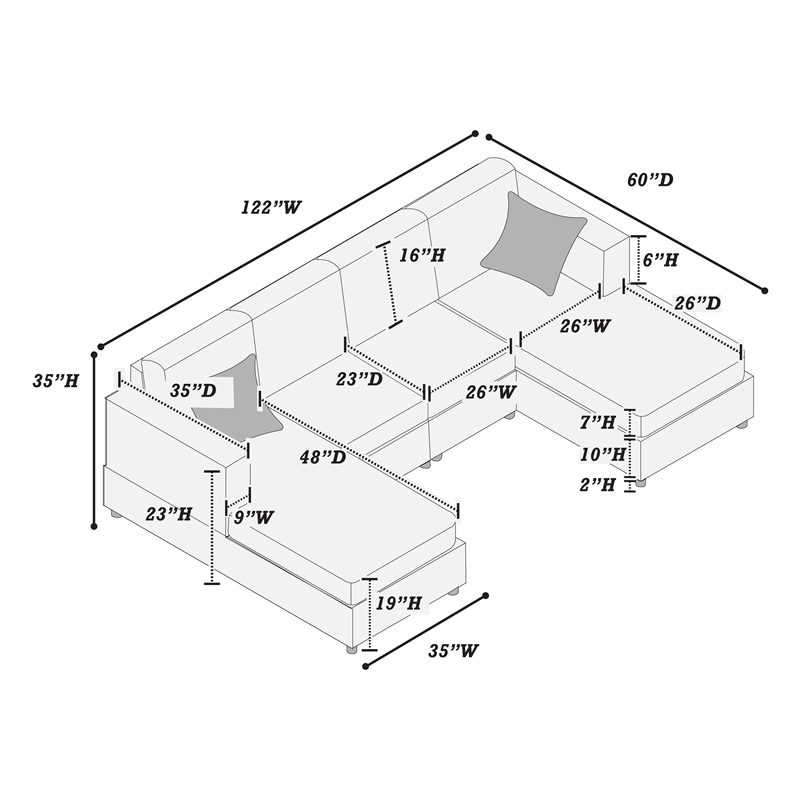 Poundex Foam Seating U-Shaped Corduroy Sectional in Dark Gray
