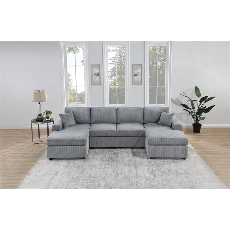 Poundex Upholstered Foam Corduroy U-Shaped Sectional in Light Gray
