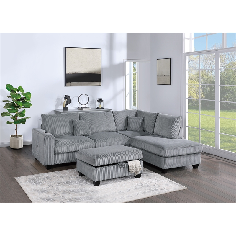 Poundex Upholstered Corduroy 3-Piece Set in Light Gray with Foam Cushions