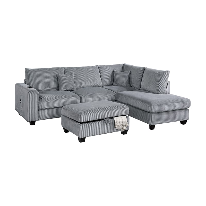 Poundex Upholstered Corduroy 3-Piece Set in Light Gray with Foam Cushions