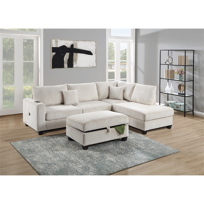 Poundex Upholstered Corduroy 3-Piece Sectional Set in Ivory with Foam Cushions