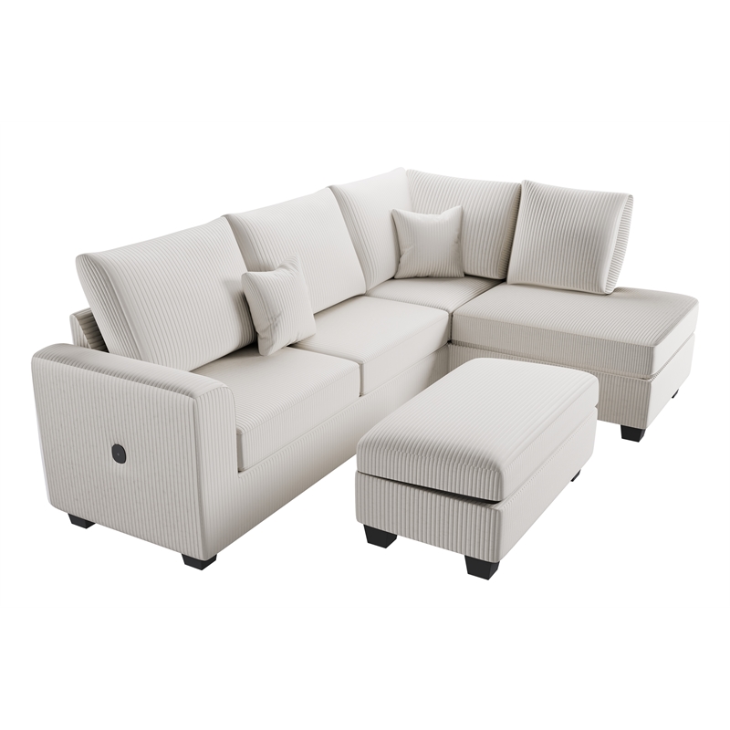 Poundex Upholstered Corduroy 3-Piece Sectional Set in Ivory with Foam Cushions