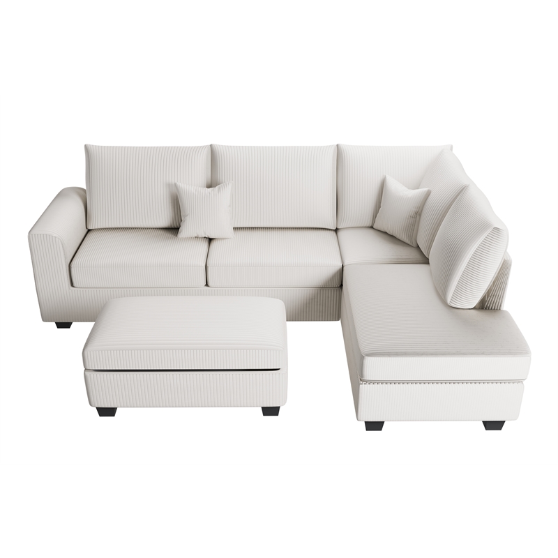 Poundex Upholstered Corduroy 3-Piece Sectional Set in Ivory with Foam Cushions