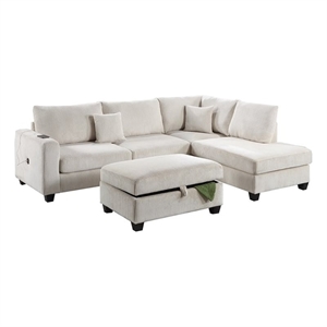 Poundex Upholstered Corduroy 3-Piece Sectional Set in Ivory with Foam Cushions