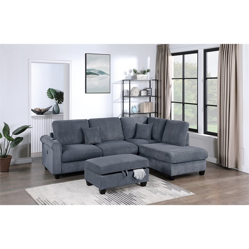 Poundex 3-Piece Sectional Set in Dark Gray with Corduroy and Foam Comfort