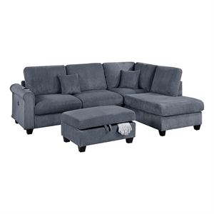 Poundex 3-Piece Sectional Set in Dark Gray with Corduroy and Foam Comfort