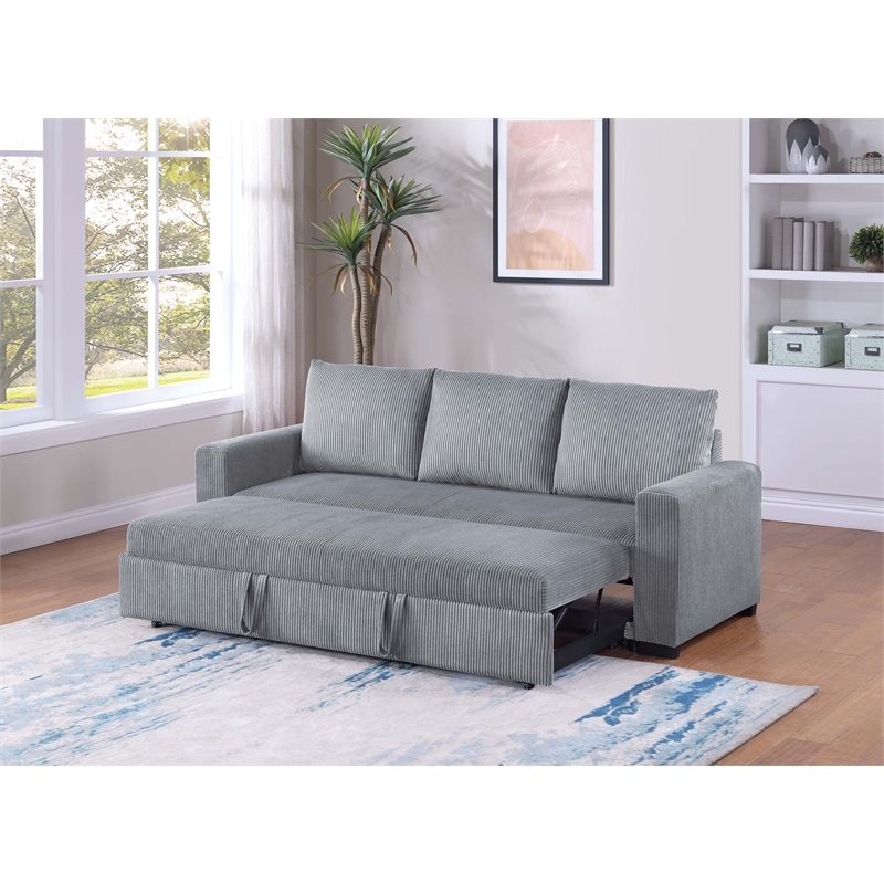 Poundex Convertible Corduroy Sofa in Light Gray with Foam Cushions
