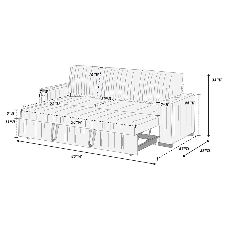Poundex Convertible Corduroy Sofa in Light Gray with Foam Cushions