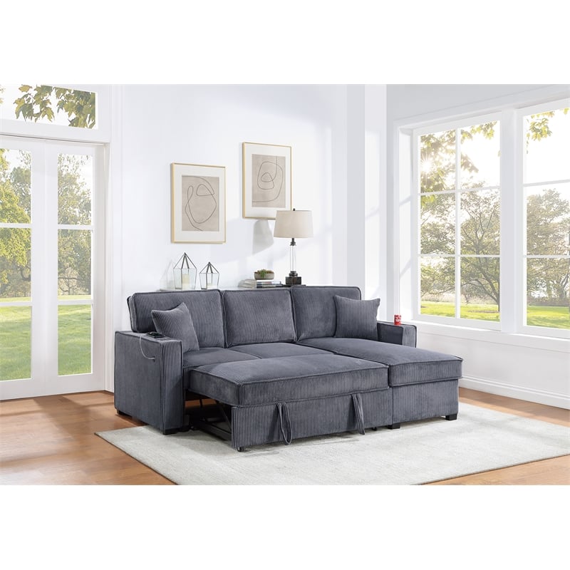 Poundex Corduroy Foam Reversible Storage Chaise Convertible Sectional Dark Gray