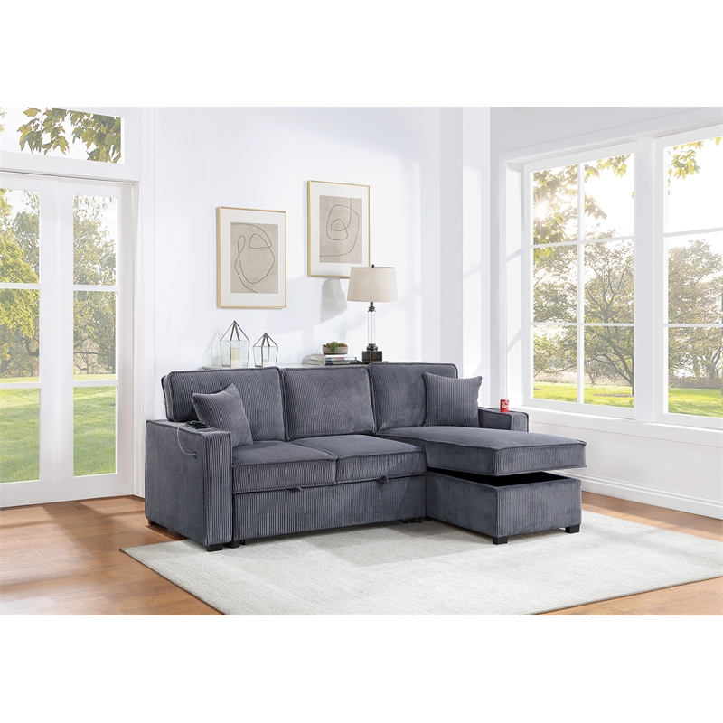Poundex Corduroy Foam Reversible Storage Chaise Convertible Sectional Dark Gray