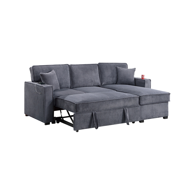 Poundex Corduroy Foam Reversible Storage Chaise Convertible Sectional Dark Gray