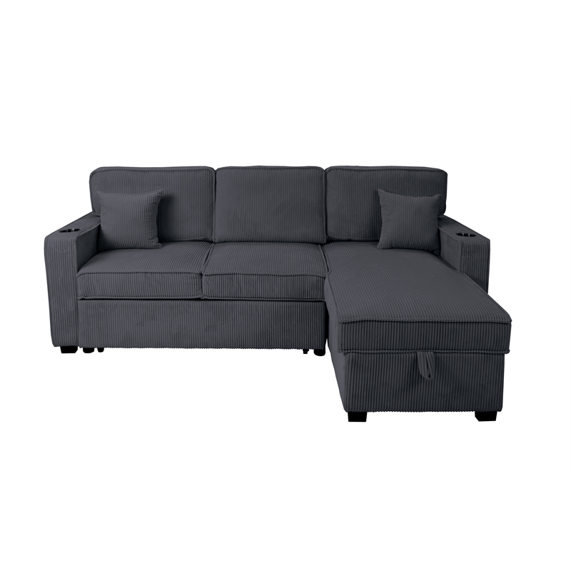 Poundex Corduroy Foam Reversible Storage Chaise Convertible Sectional Dark Gray