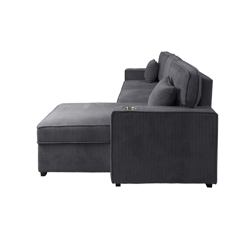 Poundex Corduroy Foam Reversible Storage Chaise Convertible Sectional Dark Gray