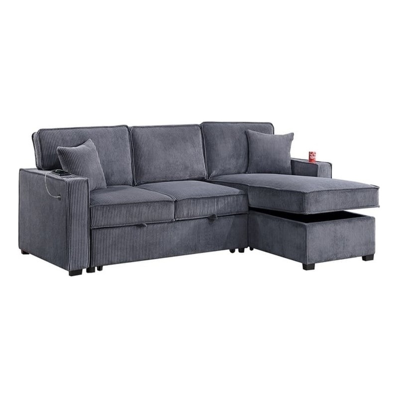 Poundex Corduroy Foam Reversible Storage Chaise Convertible Sectional Dark Gray
