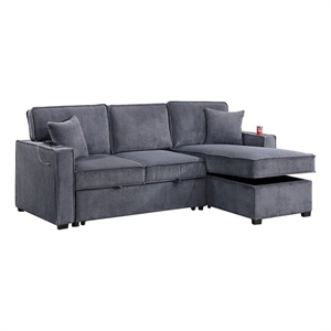 Poundex Corduroy Foam Reversible Storage Chaise Convertible Sectional Dark Gray