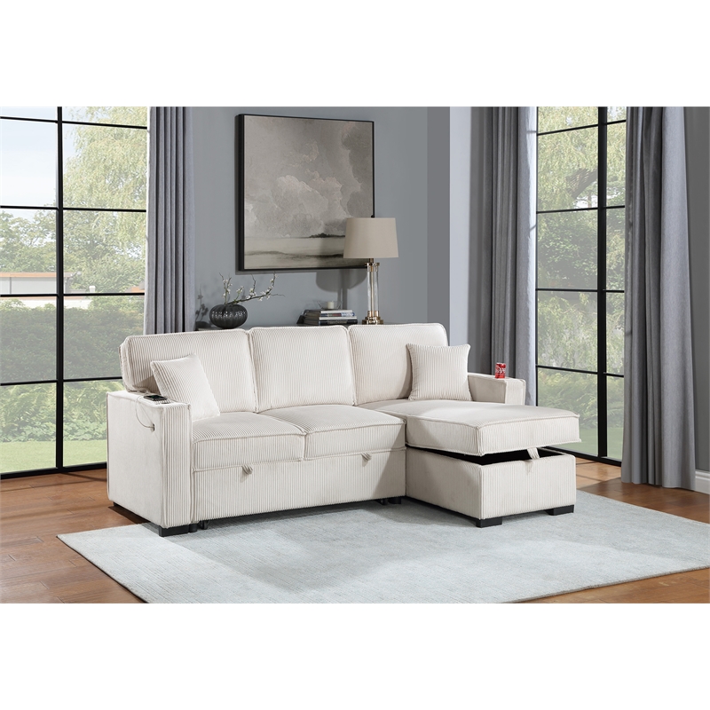 Poundex Corduroy Sectional in Beige with Reversible Foam Chaise and Storage