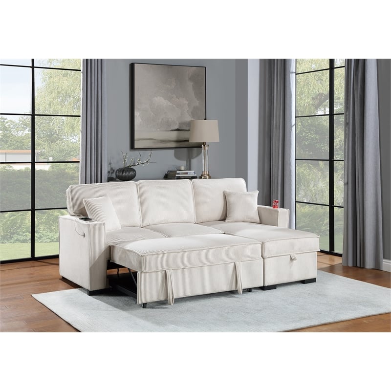 Poundex Corduroy Sectional in Beige with Reversible Foam Chaise and Storage