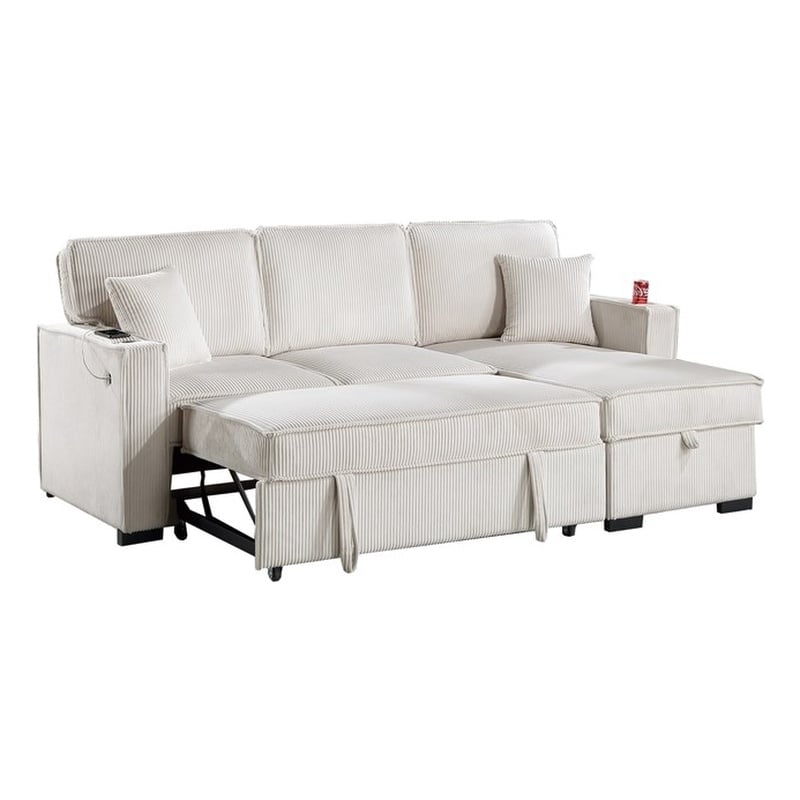 Poundex Corduroy Sectional in Beige with Reversible Foam Chaise and Storage