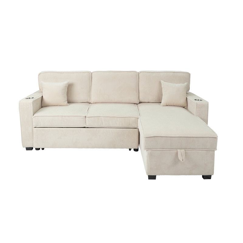 Poundex Corduroy Sectional in Beige with Reversible Foam Chaise and Storage