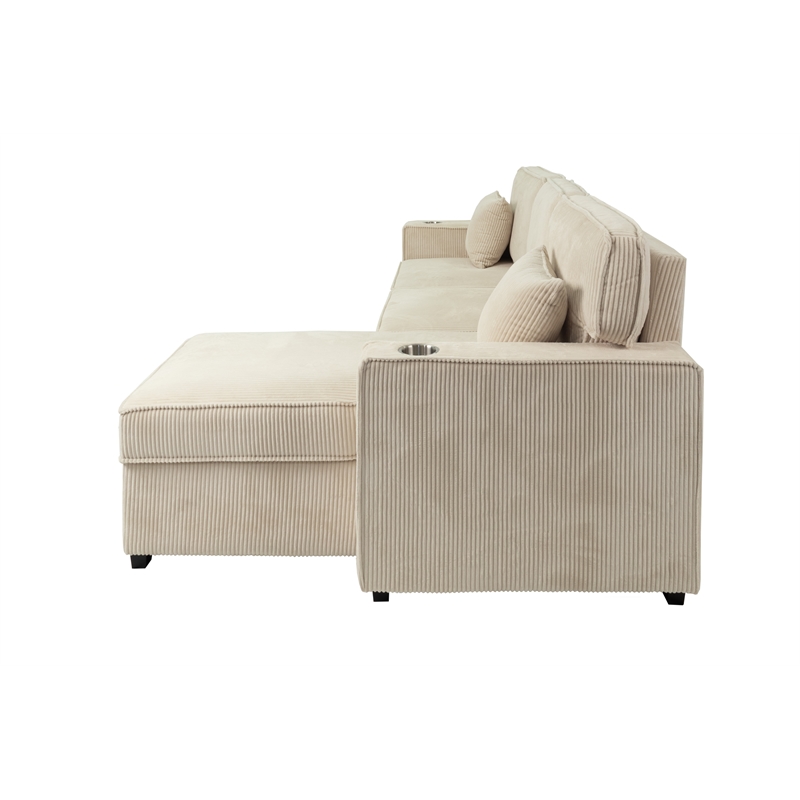 Poundex Corduroy Sectional in Beige with Reversible Foam Chaise and Storage