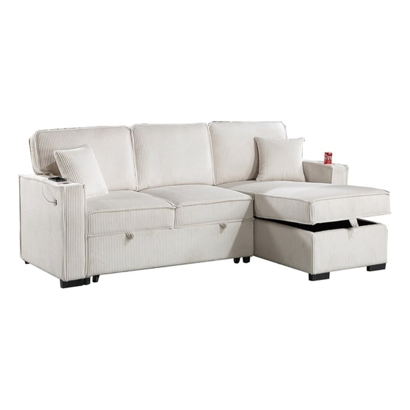 Poundex Corduroy Sectional in Beige with Reversible Foam Chaise and Storage