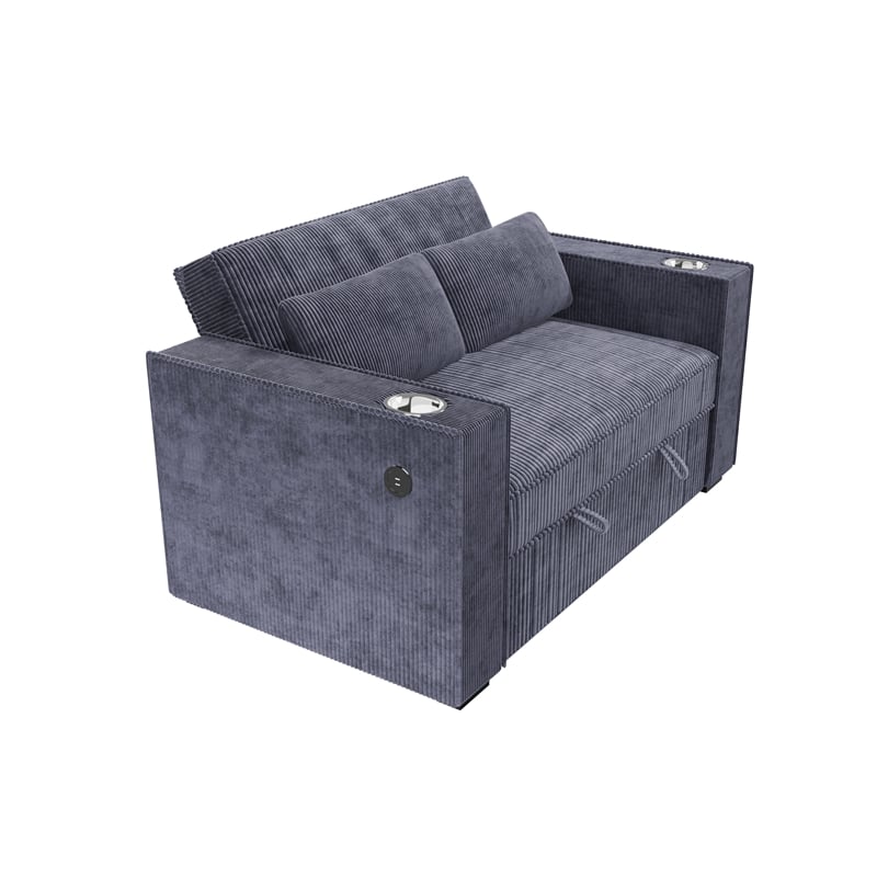 Poundex Convertible Sofa in Dark Gray Corduroy with Foam Cushions and Cupholders