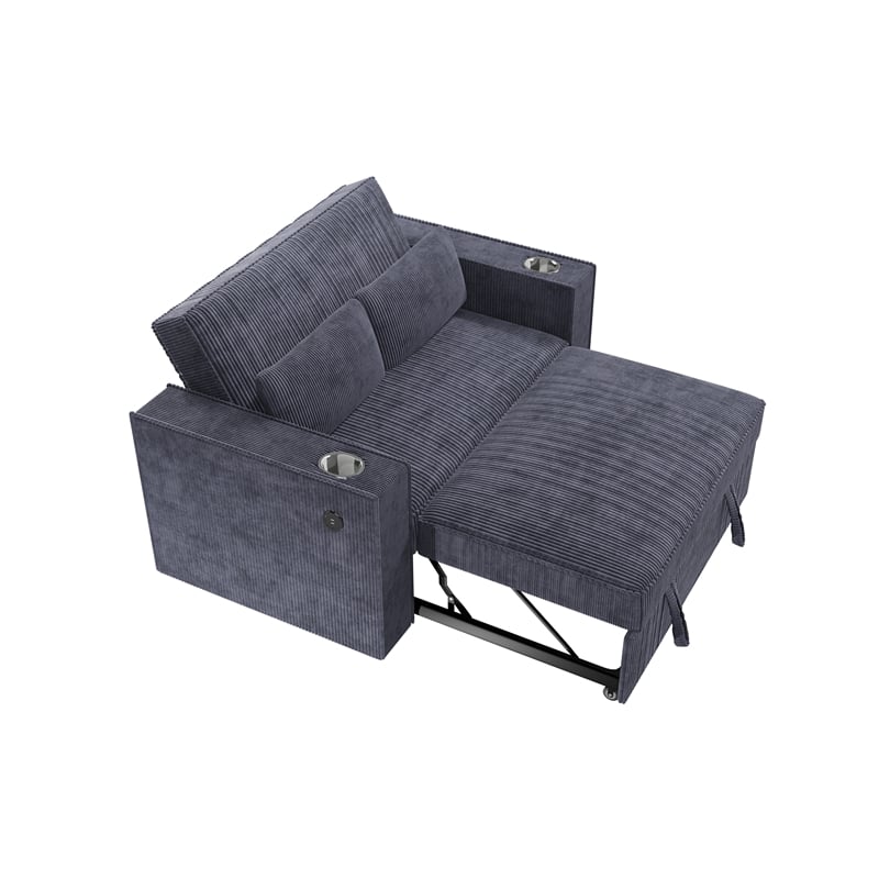 Poundex Convertible Sofa in Dark Gray Corduroy with Foam Cushions and Cupholders