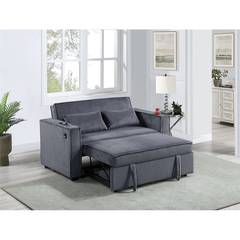Poundex Convertible Sofa in Dark Gray Corduroy with Foam Cushions and Cupholders