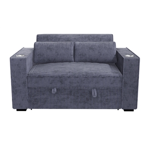 Poundex Convertible Sofa in Dark Gray Corduroy with Foam Cushions and Cupholders
