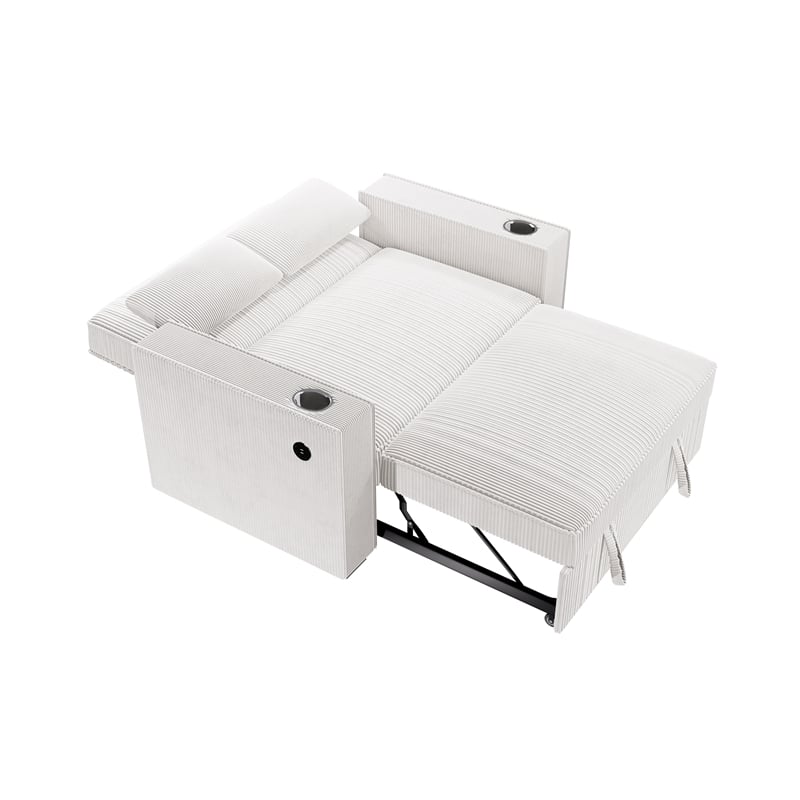 Poundex Beige Foam Upholstered Corduroy Convertible Sofa with Cupholders