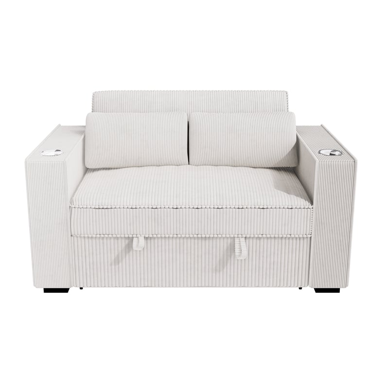 Poundex Beige Foam Upholstered Corduroy Convertible Sofa with Cupholders
