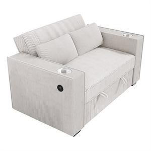 Poundex Beige Foam Upholstered Corduroy Convertible Sofa with Cupholders