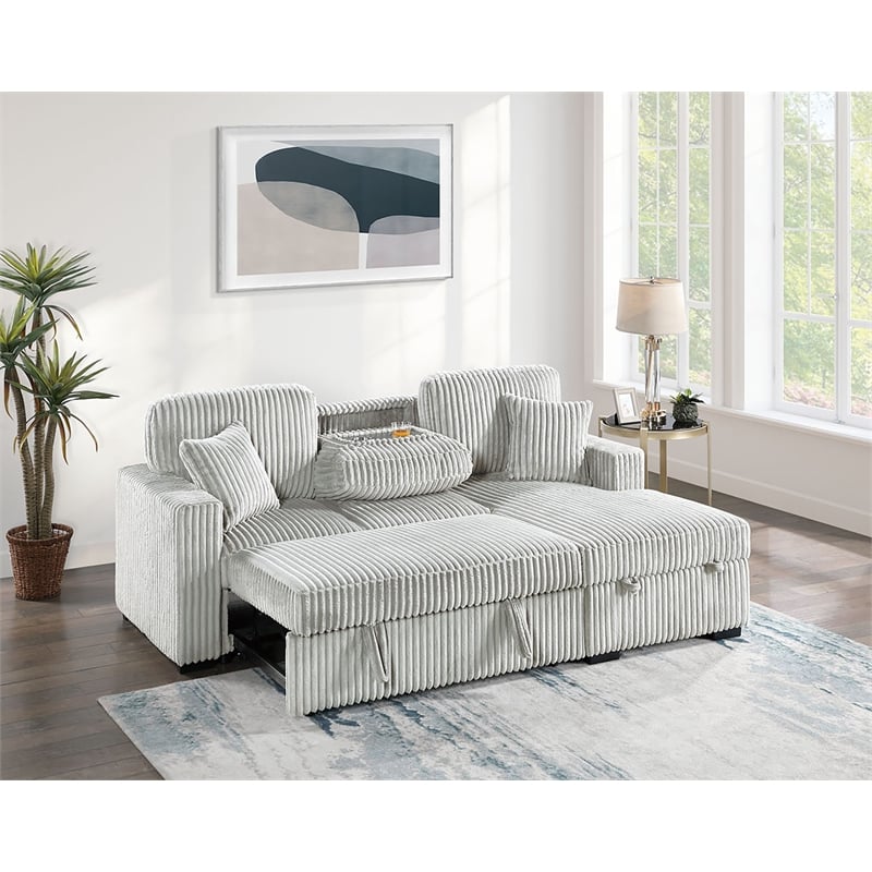 Poundex Upholstered Foam Corduroy Convertible Sofa with Storage in Ash