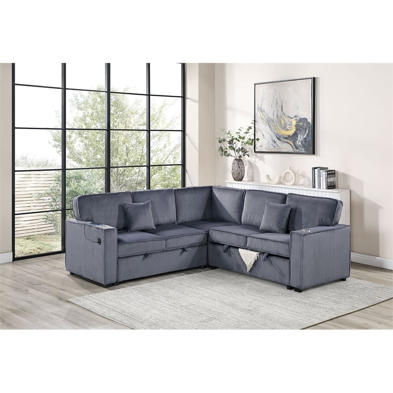 Poundex Foam Corduroy 3-PC Sectional Set with Storage in Dark Gray