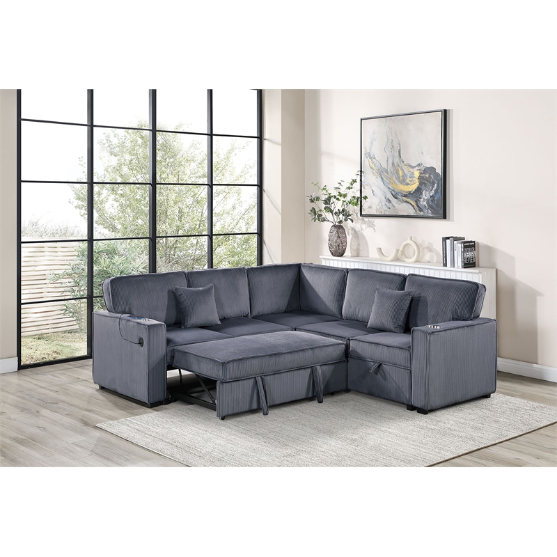 Poundex Foam Corduroy 3-PC Sectional Set with Storage in Dark Gray