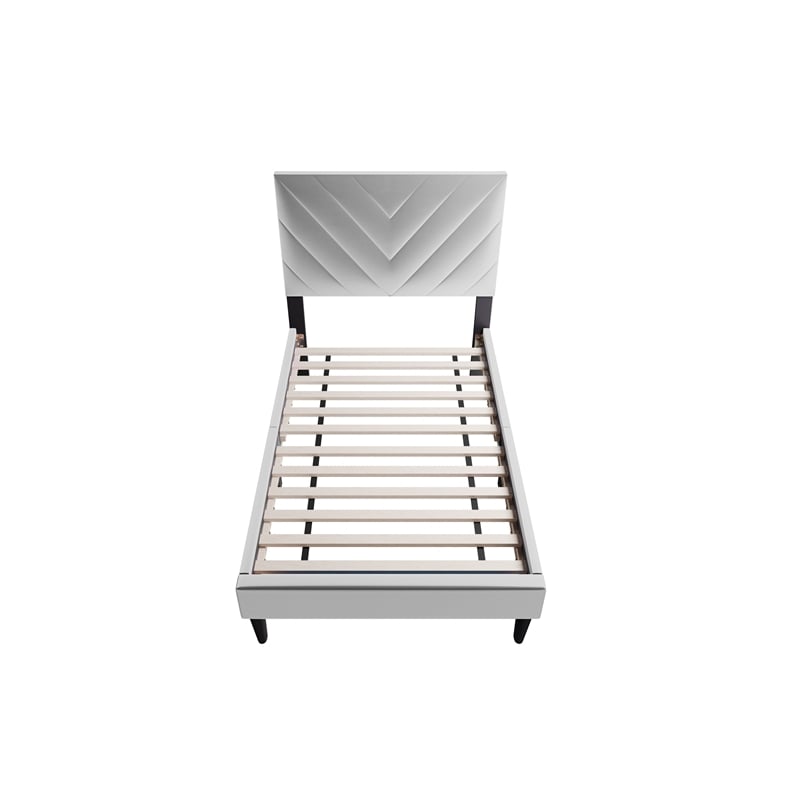 Poundex Adjustable V-Stitch Headboard Twin Bed Frame in Gray Velvet