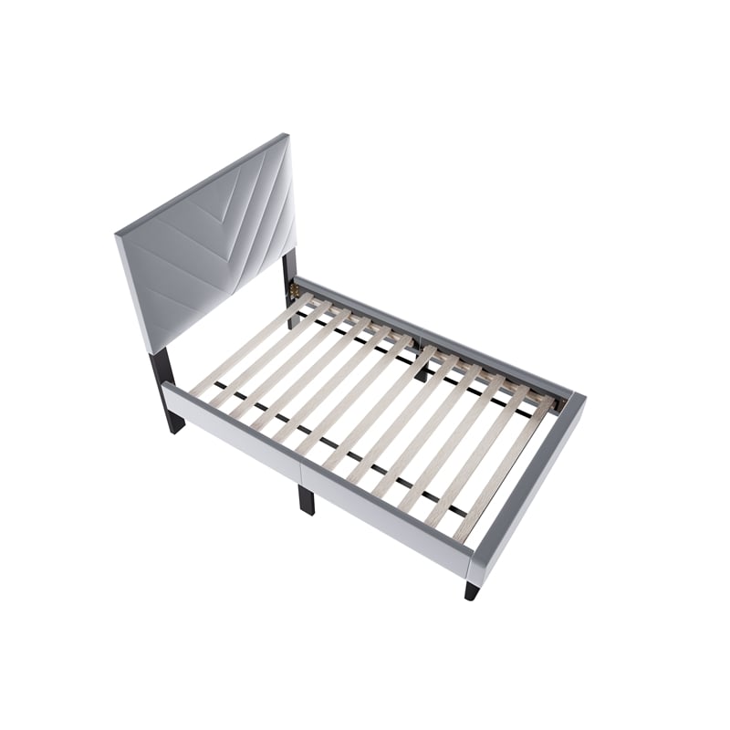 Poundex Adjustable V-Stitch Headboard Twin Bed Frame in Gray Velvet