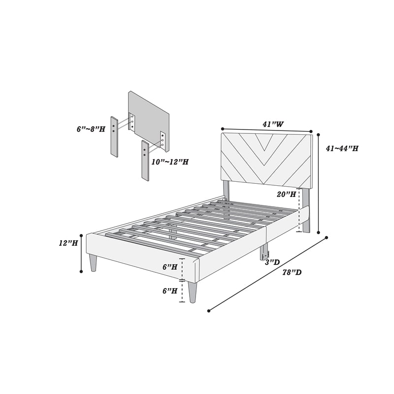 Poundex Adjustable V-Stitch Headboard Twin Bed Frame in Gray Velvet