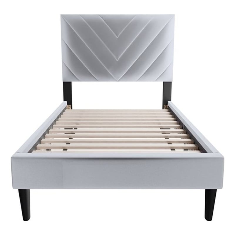 Poundex Adjustable V-Stitch Headboard Twin Bed Frame in Gray Velvet