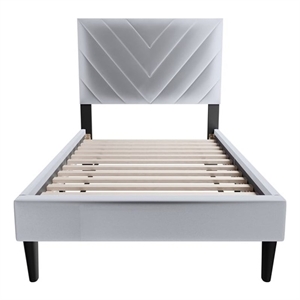 Poundex Adjustable V-Stitch Headboard Twin Bed Frame in Gray Velvet