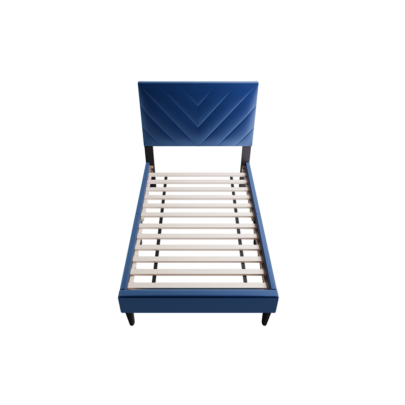 Poundex Adjustable V-Stitch Headboard Twin Bed Frame in Blue Velvet