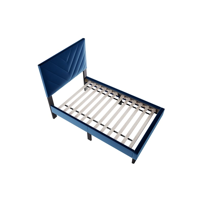 Poundex Adjustable V-Stitch Headboard Twin Bed Frame in Blue Velvet