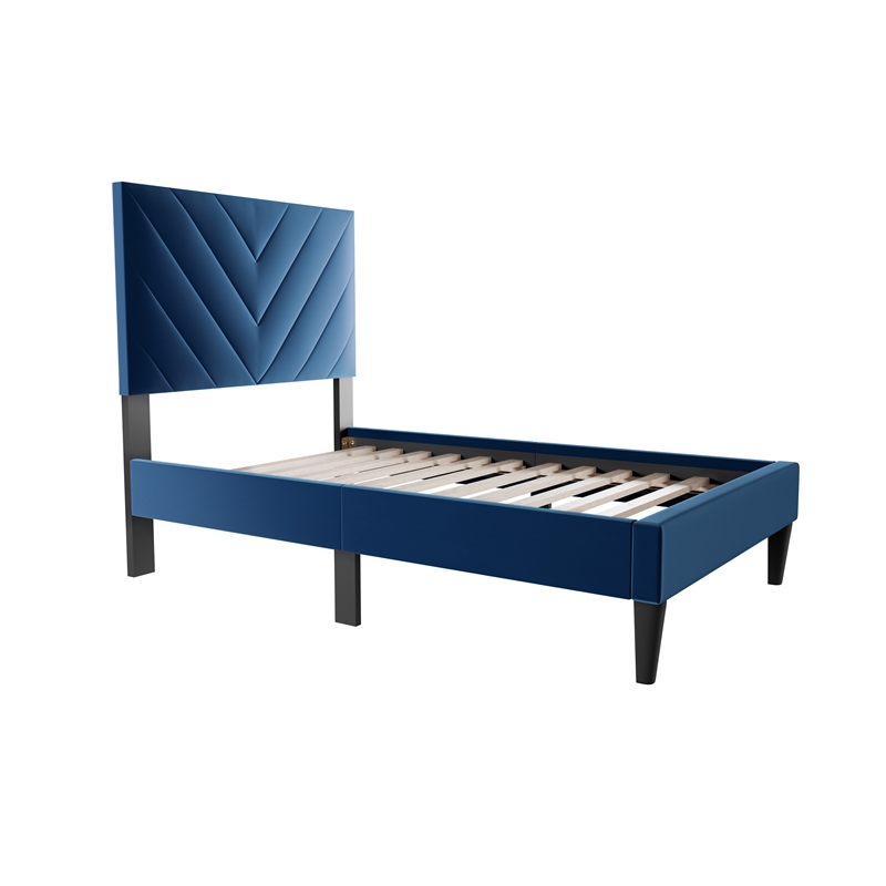 Poundex Adjustable V-Stitch Headboard Twin Bed Frame in Blue Velvet