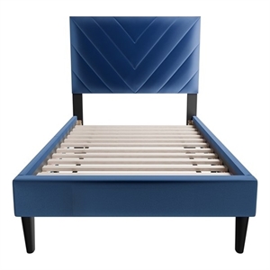Poundex Adjustable V-Stitch Headboard Twin Bed Frame in Blue Velvet