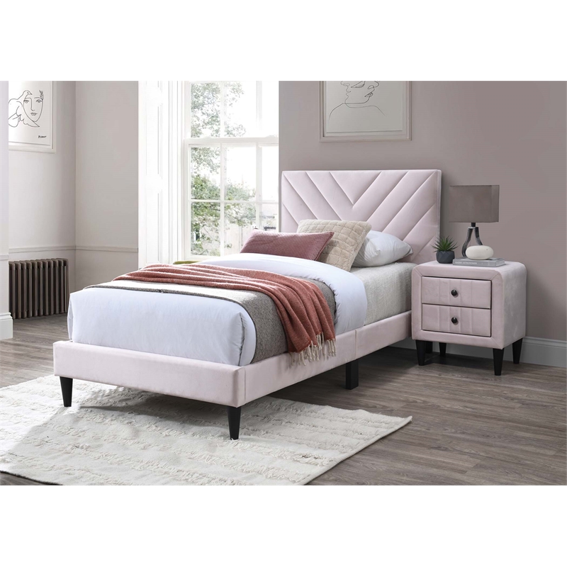 Poundex Twin Adjustable V Stitch Headboard Modern Velvet Platform Bed Light Pink