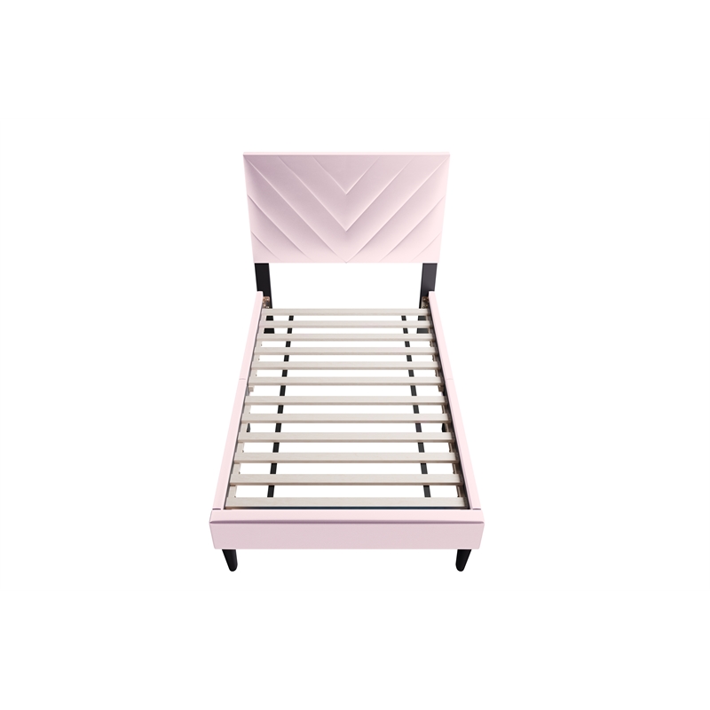 Poundex Twin Adjustable V Stitch Headboard Modern Velvet Platform Bed Light Pink