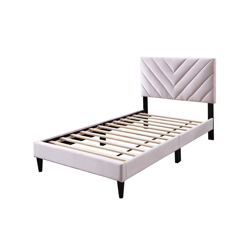 Poundex Twin Adjustable V Stitch Headboard Modern Velvet Platform Bed Light Pink