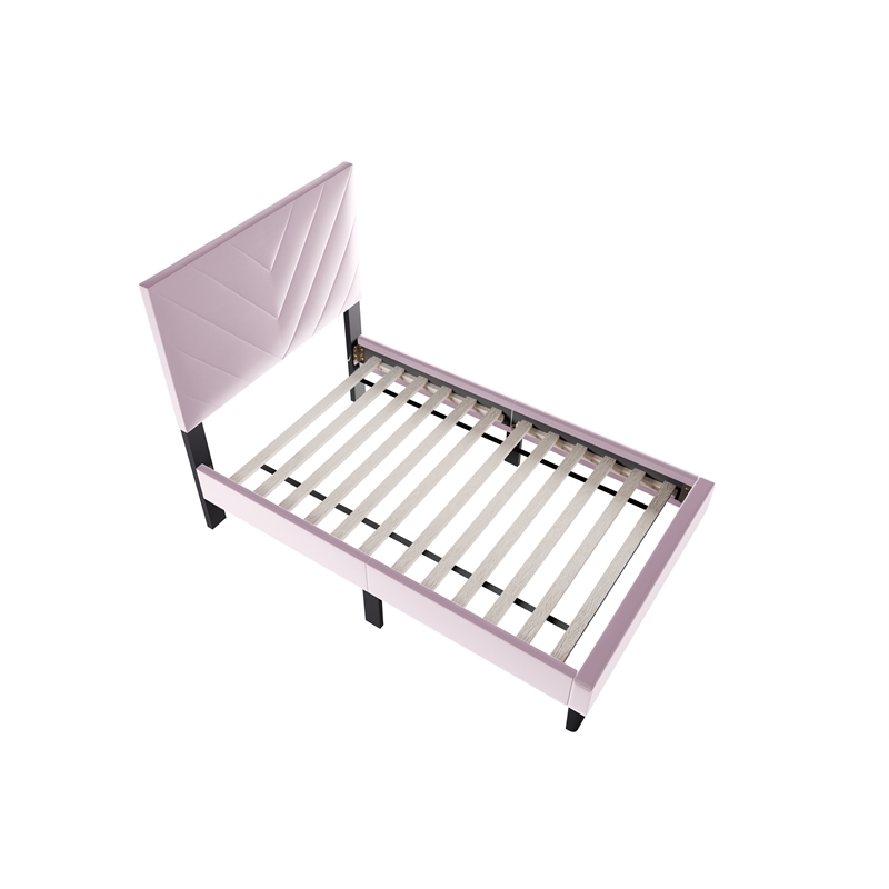 Poundex Twin Adjustable V Stitch Headboard Modern Velvet Platform Bed Light Pink